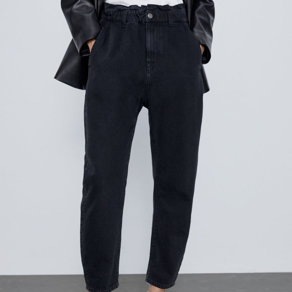 ZARA Black High Waisted Baggy Ankle Length Paperbag Jeans | Size 02 - Picture 1 of 9